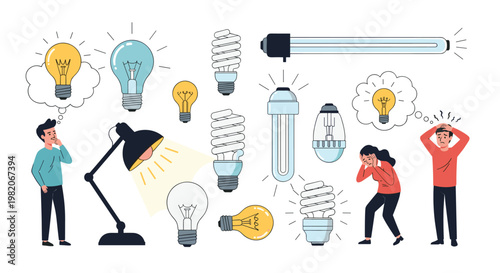 Educational infographic about lightbulbs featuring different types of lamps and people thinking or reacting with ideas and stress.