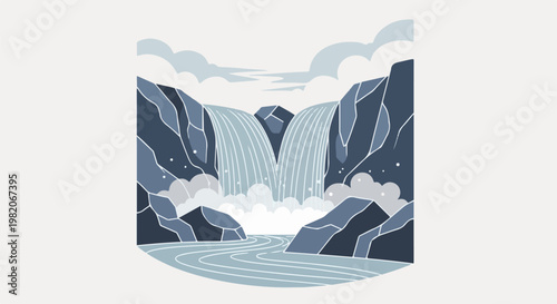 Twin waterfalls cascade down rocky cliffs into a flowing river under cloudy skies