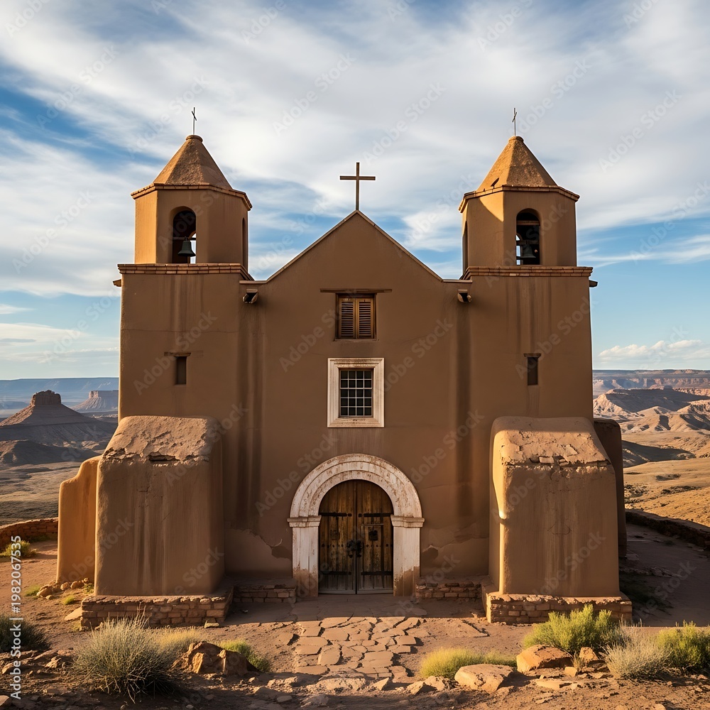 Fototapeta premium Historic Adobe Church in Desert Landscape.