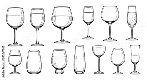 Detailed line art collection of various glassware styles including wine glasses, champagne flutes, and cocktail tumblers for bars.
