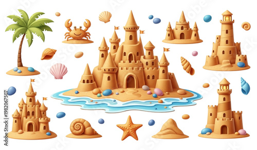 Sand castle beach vector set kids summer vacation cartoon illustration