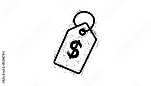 A black and white sketch of a price tag with a dollar sign inside the frame