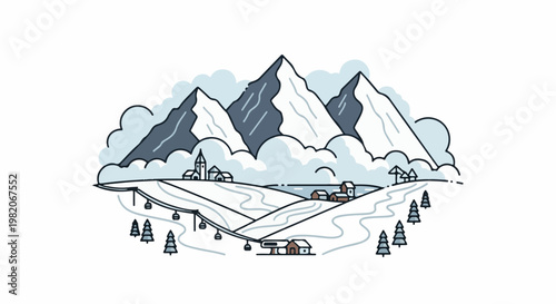 Stylized winter mountain landscape with village and ski lift