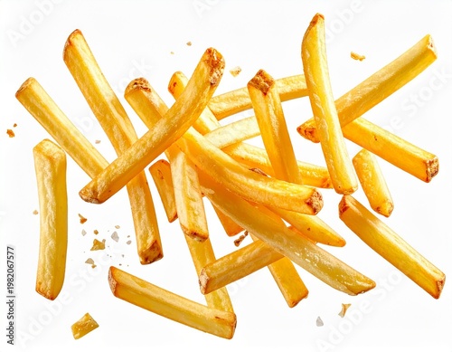 Golden french fries flying on white background