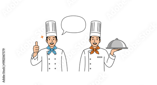 Friendly male chefs in white uniforms giving a thumbs up and holding a serving dish with an empty speech bubble for text.