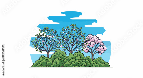 Three trees with pink and green foliage on a green mound under blue sky
