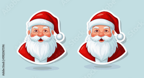Two joyful, stylized Santa Claus faces with white beards and red hats
