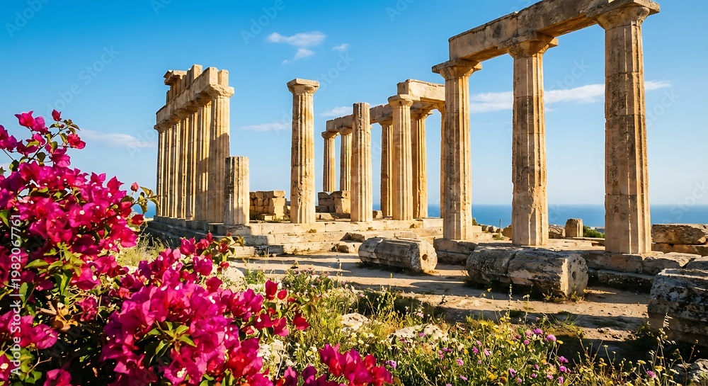 Obraz premium Ancient Greek Temple Ruins with Pink Bougainvillea Flowers and Sea View