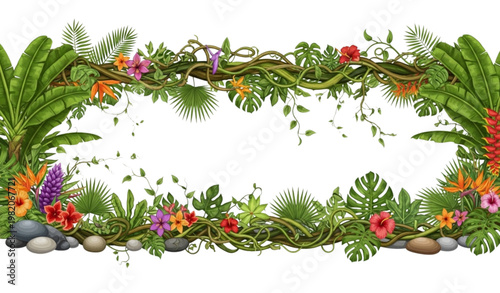 Jungle seamless border vector tropical leaf frame rainforest nature set