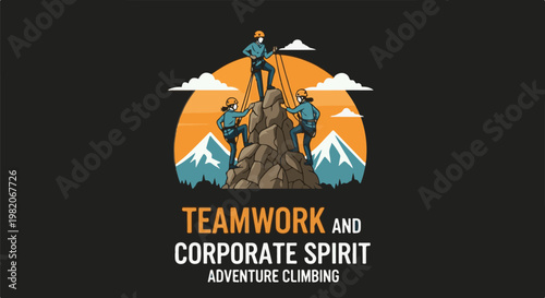 Three climbers ascend a rocky peak against a sunset backdrop