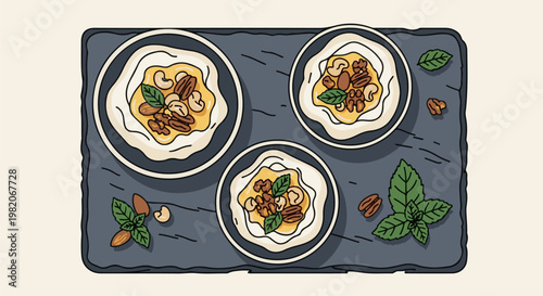 Three bowls of yogurt with nuts and mint leaves on a slate platter