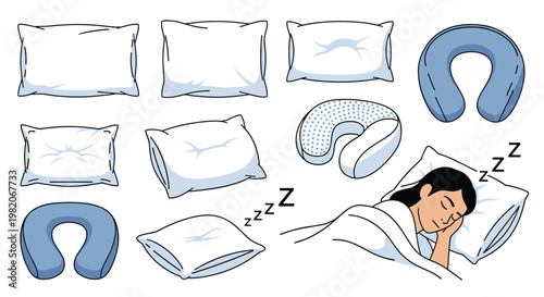 Collection of white pillows in different shapes and a woman sleeping peacefully under a white blanket in a comfortable bed.