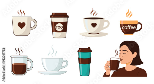 Set of various coffee and tea cups including mugs and takeaway containers along with a woman enjoying a hot drink in a cafe.