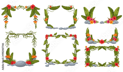 Tropical jungle border vector frame set rainforest leaf vines illustration