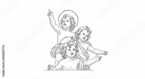 Three angelic cherubs with halos, rendered in black and white line art