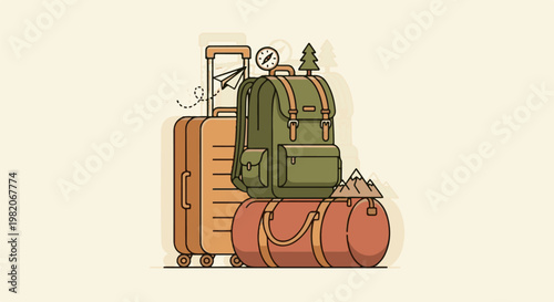 Travel essentials arranged suitcase, backpack, duffel, compass, paper airplane, mountains