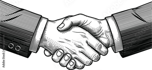 Vintage woodcut handshake illustration symbol of business partnership agreement.
