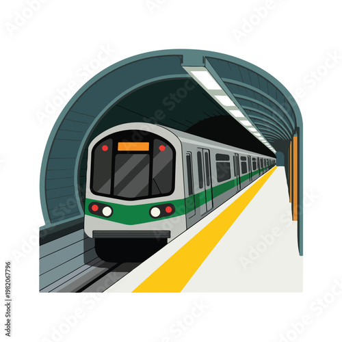 A green and white subway train entering a tunnel station with a yellow line on the platform