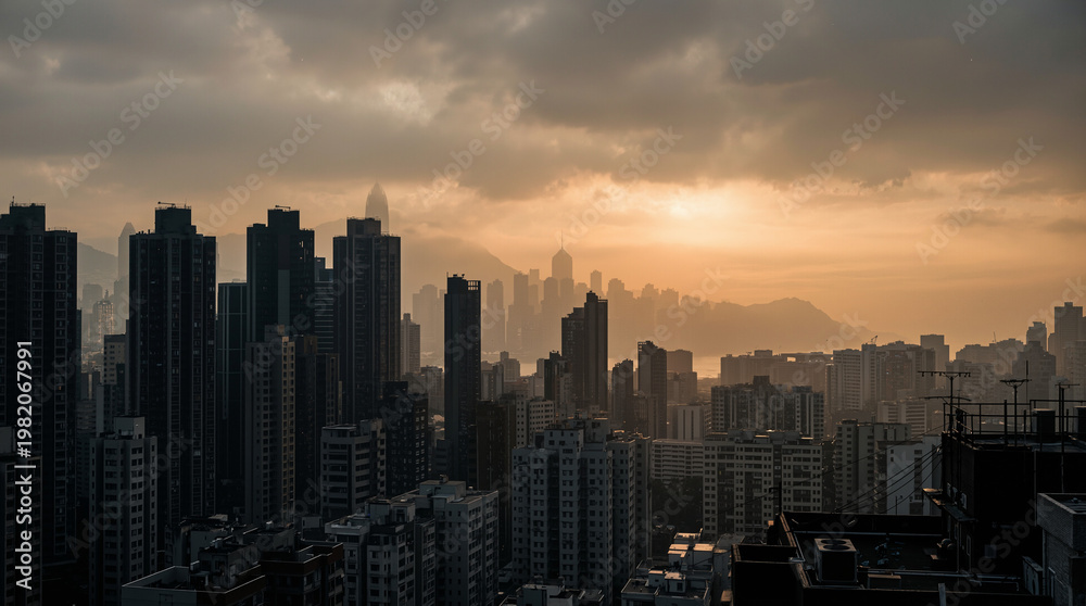 Obraz premium Morning Smog Over Cities(Sunrise through urban smog)