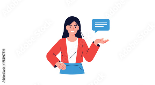 Young woman with dark hair wearing a red cardigan and blue pants gesturing toward a large blue speech bubble for communication.