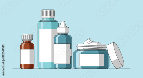 Assortment of pharmaceutical and cosmetic containers including blue bottles, a brown jar, and an open cream tub on a blue background.