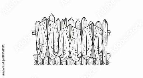 Three tattered jackets hang on a rustic wooden fence, grass at the base