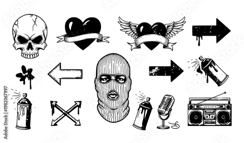 Street graffiti vector sticker set spray grunge urban balaclava skull