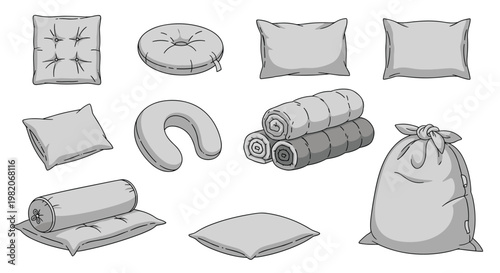 Collection of grey bedding items and soft furnishings including various pillows, cushions, rolled blankets, and a laundry bag.