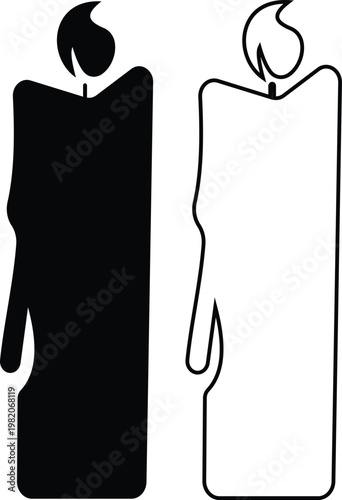 Candle flame icon set collection group, wax, light, fire, lantern, illumination symbols, decorative candles, burning wick shapes in flat and line style black vector illustration isolated