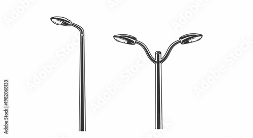 Two stylized streetlights, one single-headed, one double-headed, in black and white