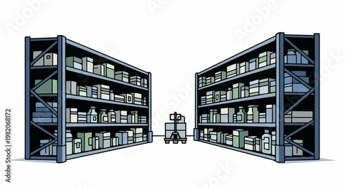 Two tall storage shelves filled with boxes and bottles, with a small cart in between