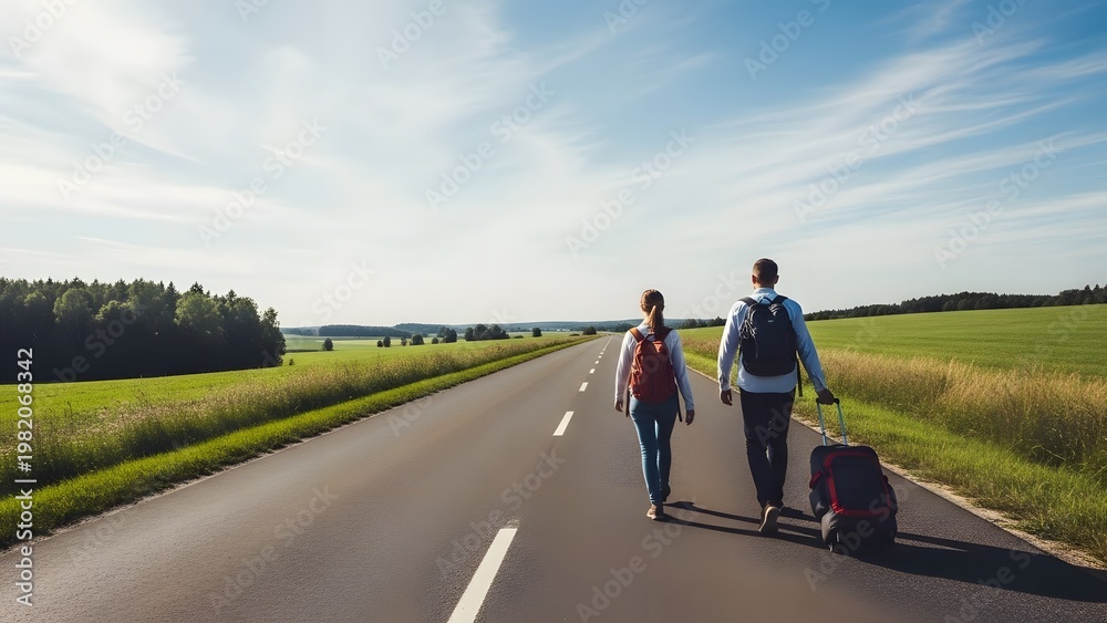 Obraz premium Couple Walking Straight Rural Road Travel Adventure Journey