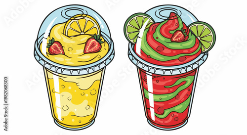 Two refreshing slushies, one lemon, one strawberry-lime, topped with fruit