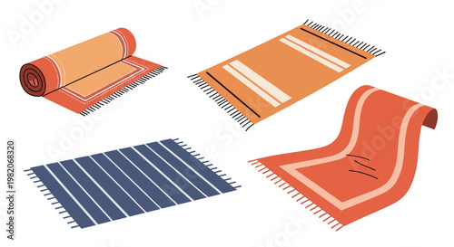 Collection of patterned rugs and carpets in different styles including rolled, flat, and draped versions in orange and navy blue.