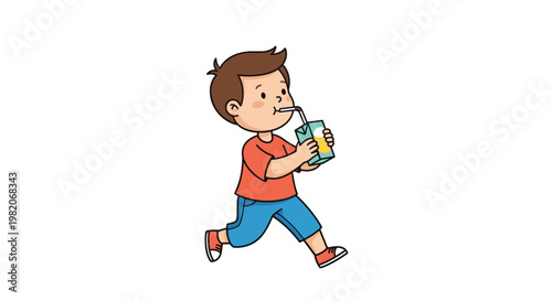 Young boy with brown hair wearing a red shirt and blue pants walking while happily drinking from a small juice box with a straw.