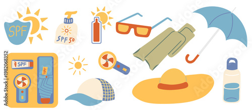 sun protection set in doodle in vector. Element for design advertisement mail posts poster print postcard banner decor backgrounds