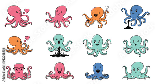 Collection of colorful octopus characters with different facial expressions and behaviors shown in a fun illustrative cartoon style.