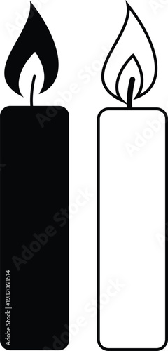 Candle flame icon set collection group, wax, light, fire, lantern, illumination symbols, decorative candles, burning wick shapes in flat and line style black vector illustration isolated