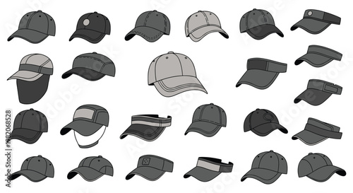 Wide variety of baseball caps and sun visors in different styles and grey shades shown from various angles and perspectives on white.