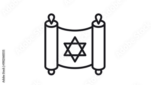 Torah Scroll Vector Icon with Star of David Symbol. Black Line Art Illustration of Jewish Religious Scripture and Sacred Text. Minimalist Graphic for Judaism, Hanukkah, and Religious Education.