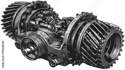 Detailed technical drawing of gears and mechanical components in shades of gray