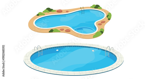 Two styles of outdoor swimming pools including a freeform pool with landscaping and a classic oval pool with a tiled border and deck.