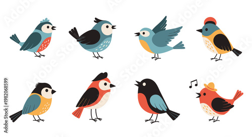 Collection of colorful garden birds with different plumage patterns shown in various poses such as singing, flying, and perching.