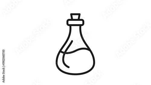 Minimalist black line art vector icon of a glass flask or potion bottle featuring a cork stopper and liquid level, perfect for science, chemistry, laboratory, magic, or apothecary themed designs.
