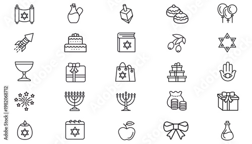 Jewish Hanukkah and Celebration Vector Icon Set: 25 Minimalist Black Line Symbols Including Menorah, Star of David, Torah, Dreidel, Sufganiyot, Gift Boxes, Balloons, Fireworks, and Money Bag.