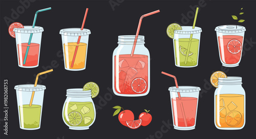 Assorted colorful fruit juices and smoothies served in transparent plastic cups and glass jars with straws on dark background.
