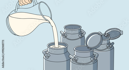 A hand pours fresh white milk from a glass pitcher into metal dairy canisters