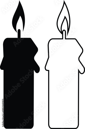 Candle flame icon set collection group, wax, light, fire, lantern, illumination symbols, decorative candles, burning wick shapes in flat and line style black vector illustration isolated