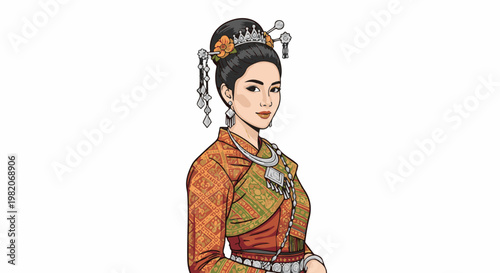 Traditional attire adorns a woman with ornate hair, jewelry, and patterned clothing