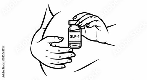 Two hands gently hold a small vial labeled "GLP-1" against a torso